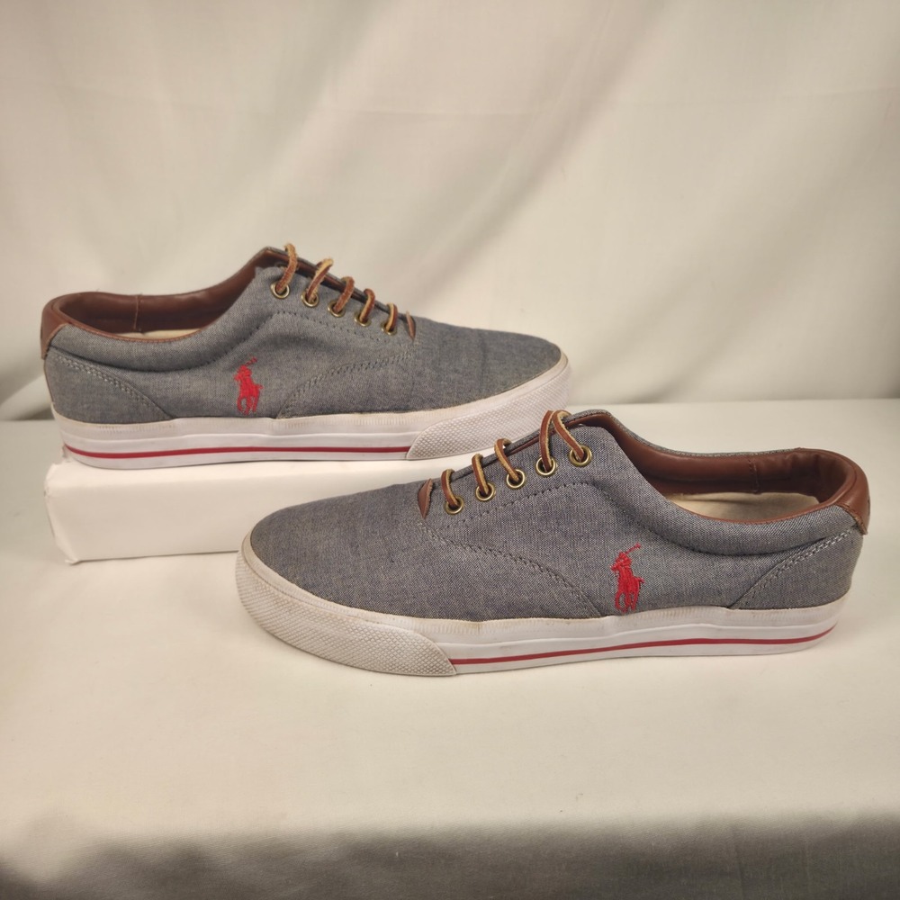 Polo Ralph Lauren Mens 10D Grey Vaughn Chambray Leather Lace Up Sneakers Preppy